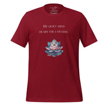 Load image into Gallery viewer, unisex cardinal red t-shirt, with image phrase: "The quiet mind hears the Universe." Image of watercolor pink and blue lotus flower floating on water.