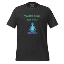 Load image into Gallery viewer, unisex dark grey heather t-shirt with image phrase: "Your mind shapes your world." With a green blue watercolor image graphic of a person's silhouette, in pose of meditation. Front view.
