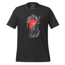 Load image into Gallery viewer, unisex dark grey heather t-shirt, with image design of an angel kissing a woman, with a red paint splat seen through their outlines. Front view.