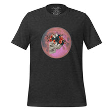 Load image into Gallery viewer, unisex dark grey heather t-shirt, with image design: side profile of a skull wearing a crown/hat of black roses, red poppies, thorny vines, and white butterflies, with a pink-red moon behind it. Front View.