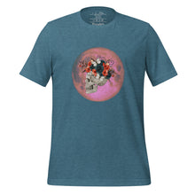 Load image into Gallery viewer, unisex heather deep teal t-shirt, with image design: side profile of a skull wearing a crown/hat of black roses, red poppies, thorny vines, and white butterflies, with a pink-red moon behind it. Front View.