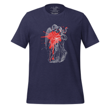Load image into Gallery viewer, unisex heather midnight navy blue t-shirt, with image design of an angel kissing a woman, with a red paint splat seen through their outlines. Front view.