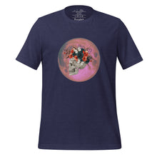 Load image into Gallery viewer, unisex heather midnight navy blue t-shirt, with image design: side profile of a skull wearing a crown/hat of black roses, red poppies, thorny vines, and white butterflies, with a pink-red moon behind it. Front View.