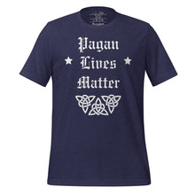 Load image into Gallery viewer, unisex heather midnight navy blue t-shirt with image phrase: "Pagan Lives Matter."