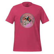 Load image into Gallery viewer, unisex heather raspberry pink t-shirt, with image design: side profile of a skull wearing a crown/hat of black roses, red poppies, thorny vines, and white butterflies, with a pink-red moon behind it. Front View.