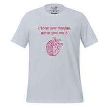 Load image into Gallery viewer, unisex light blue t-shirt, with image design: red half brain, half heart. Image phrase: Red text - Change your thoughts, change your world. Front view.