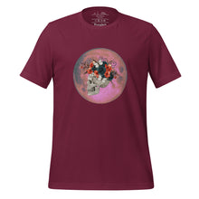 Load image into Gallery viewer, unisex maroon t-shirt, with image design: side profile of a skull wearing a crown/hat of black roses, red poppies, thorny vines, and white butterflies, with a pink-red moon behind it. Front View.