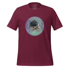 Load image into Gallery viewer, unisex maroon t-shirt, with image design: side profile of a skull wearing a crown/hat of black roses, red berries, thorny vines and leaves, with a blue-purple moon behind it. Front View.