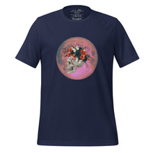 Load image into Gallery viewer, unisex navy blue t-shirt, with image design: side profile of a skull wearing a crown/hat of black roses, red poppies, thorny vines, and white butterflies, with a pink-red moon behind it. Front View.