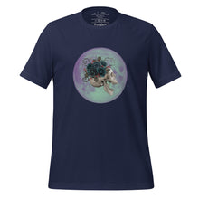 Load image into Gallery viewer, unisex navy blue t-shirt, with image design: side profile of a skull wearing a crown/hat of black roses, red berries, thorny vines and leaves, with a blue-purple moon behind it. Front View.