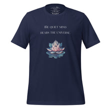 Load image into Gallery viewer, unisex navy blue t-shirt, with image phrase: "The quiet mind hears the Universe." Image of watercolor pink and blue lotus flower floating on water.