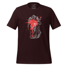 Load image into Gallery viewer, unisex oxblood black t-shirt, with image design of an angel kissing a woman, with a red paint splat seen through their outlines. Front view.