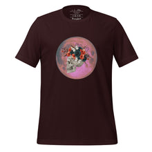 Load image into Gallery viewer, unisex oxblood black t-shirt, with image design: side profile of a skull wearing a crown/hat of black roses, red poppies, thorny vines, and white butterflies, with a pink-red moon behind it. Front View.