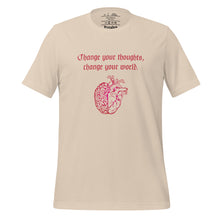 Load image into Gallery viewer, unisex soft cream t-shirt, with image design: red half brain, half heart. Image phrase: Red text - Change your thoughts, change your world. Front view.