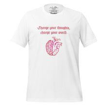 Load image into Gallery viewer, unisex white t-shirt, with image design: red half brain, half heart. Image phrase: Red text - Change your thoughts, change your world. Front view.