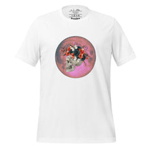 Load image into Gallery viewer, unisex white t-shirt, with image design: side profile of a skull wearing a crown/hat of black roses, red poppies, thorny vines, and white butterflies, with a pink-red moon behind it. Front View.