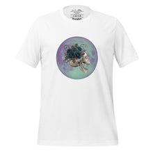 Load image into Gallery viewer, unisex white t-shirt, with image design: side profile of a skull wearing a crown/hat of black roses, red berries, thorny vines and leaves, with a blue-purple moon behind it. Front View.