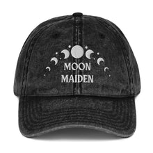 Load image into Gallery viewer, vintage denim cap black, with image phrase: "Moon Maiden." with moon phases. Front view.