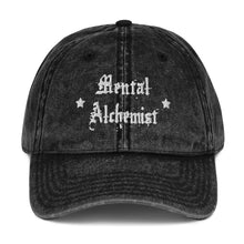 Load image into Gallery viewer, vintage denim cap black, with image phrase: "Mental Alchemist." Front view.