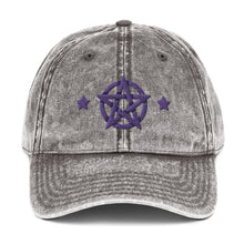 Load image into Gallery viewer, vintage denim charcoal grey , with image design of purple pentacle and stars. Front view.
