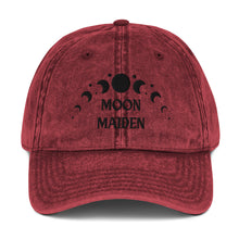 Load image into Gallery viewer, vintage denim cap maroon, with image phrase: "Moon Maiden," with moon phases. Front view.