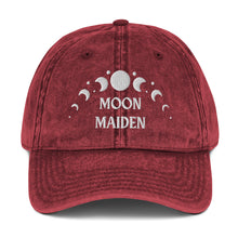 Load image into Gallery viewer, vintage denim cap maroon, with image phrase: "Moon Maiden." with moon phases. Front view.