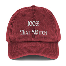 Load image into Gallery viewer, vintage denim cap maroon, with image phrase: "100% That Witch." Front view.