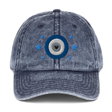 Load image into Gallery viewer, vintage denim cap navy blue, with image design of blue eye of protection/evil eye/third eye, with stars. Front view.