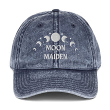 Load image into Gallery viewer, vintage denim cap navy blue, with image phrase: "Moon Maiden." with moon phases. Front view.