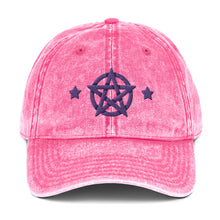 Load image into Gallery viewer, vintage denim cap pink, with image design of purple pentacle and stars. Front view.