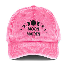 Load image into Gallery viewer, vintage denim cap pink, with image phrase: "Moon Maiden," with moon phases. Front view.