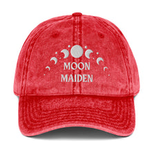 Load image into Gallery viewer, vintage denim cap red, with image phrase: "Moon Maiden." with moon phases. Front view.