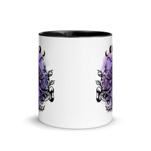 Load image into Gallery viewer, 11 oz. white ceramic coffee/tea mug with solid black handle, rim, and inside. Design: Moth with a skull, moon phases, pentacle, mushrooms, and a crystal vial. outside middle view.