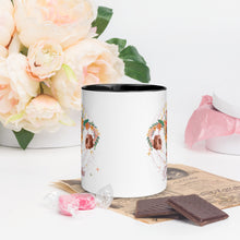Load image into Gallery viewer, 11 oz. white ceramic coffee/tea mug with solid black handle, rim, and inside. Image Design: Female reproductive organ, vagina, uterus, ovaries, with leaves and flowers, moon phases above. Outside center view.