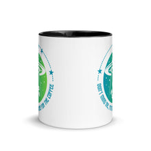 Load image into Gallery viewer, 11 oz. white ceramic coffee/tea mug with solid black handle, rim, and inside. Image Design: ufo ship abducting/beaming up coffee beans. background blue to light green gradient, stars. Text under image: "Don't mind me, I'm only here for the Coffee." Front center/middle view.