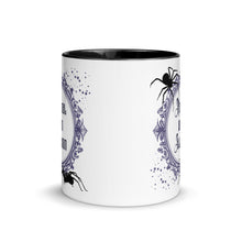 Load image into Gallery viewer, 11 oz. white ceramic coffee/tea mug with solid black handle, rim, and inside. Image Design: Words 'Normal is an Illusion' in a elegant border, with spider silhouettes, and stars. Image phrase: Normal is an Illusion. Center front view. Halloween, spooky season.