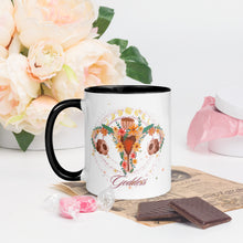 Load image into Gallery viewer, 11 oz. white ceramic coffee/tea mug with solid black handle, rim, and inside. Image Design: Female reproductive organ, vagina, uterus, ovaries, with leaves and flowers, moon phases above. left hand side view.