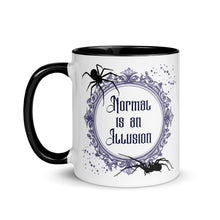 Load image into Gallery viewer, 11 oz. white ceramic coffee/tea mug with solid black handle, rim, and inside. Image Design: Words 'Normal is an Illusion' in a elegant border, with spider silhouettes, and stars. Image phrase: Normal is an Illusion. Left hand side view. Halloween, spooky season.