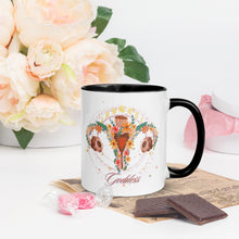 Load image into Gallery viewer, 11 oz. white ceramic coffee/tea mug with solid black handle, rim, and inside. Image Design: Female reproductive organ, vagina, uterus, ovaries, with leaves and flowers, moon phases above. Right hand side view.