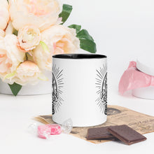 Load image into Gallery viewer, 11 oz. white ceramic coffee/tea mug with solid black handle, rim, and inside. Image Design: crystal ball with flaming pentacle inside, and hands cupping the crystal ball on both sides. Front center view. Halloween, spooky season.