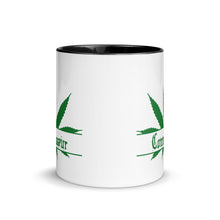 Load image into Gallery viewer, Ceramic coffee/tea mug with solid black handle, rim, and inside. Image Design: Marijuana leaf with "Connoisseur" text. Outside middle view.