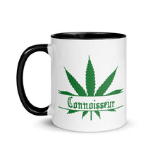 Load image into Gallery viewer, Ceramic coffee/tea mug with solid black handle, rim, and inside. Image Design: Marijuana leaf with "Connoisseur" text. Left hand side view.