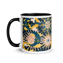 Load image into Gallery viewer, enchanting ceramic coffee tea mug featuring a wraparound image of an abstract sun, moon, and star pattern. black colorful rim, handle, and inside mug. Colors in pattern: golden yellow, dark teal, peach coral. side view, handle to leftside.