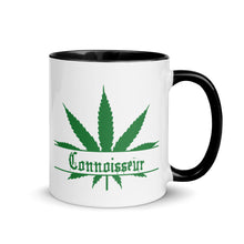 Load image into Gallery viewer, Ceramic coffee/tea mug with solid black handle, rim, and inside. Image Design: Marijuana leaf with "Connoisseur" text. Right hand side view.