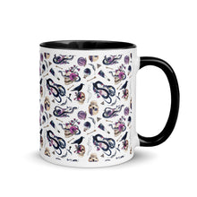 Load image into Gallery viewer, 11 oz. white ceramic coffee/tea mug with solid black handle, rim, and inside. Image Design: gothic theme patter of skulls, wands, snakes, ravens, purple flowers. right hand side view.
Halloween, spooky season.