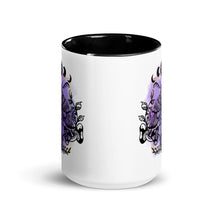 Load image into Gallery viewer, 15 oz. white ceramic coffee/tea mug with solid black handle, rim, and inside. Design: Moth with a skull, moon phases, pentacle, mushrooms, and a crystal vial. outside middle view.