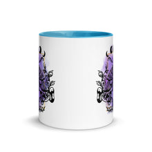 Load image into Gallery viewer, 11 oz. white ceramic coffee/tea mug with solid light blue handle, rim, and inside. Design: Moth with a skull, moon phases, pentacle, mushrooms, and a crystal vial. outside middle view.