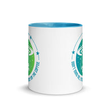 Load image into Gallery viewer, 11 oz. white ceramic coffee/tea mug with solid light blue handle, rim, and inside. Image Design: ufo ship abducting/beaming up coffee beans. background blue to light green gradient, stars. Text under image: "Don't mind me, I'm only here for the Coffee." Front middle/center view.