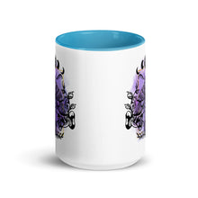 Load image into Gallery viewer, 15 oz. white ceramic coffee/tea mug with solid light blue handle, rim, and inside. Design: Moth with a skull, moon phases, pentacle, mushrooms, and a crystal vial. outside middle view.