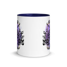 Load image into Gallery viewer, 11 oz. white ceramic coffee/tea mug with solid navy blue handle, rim, and inside. Design: Moth with a skull, moon phases, pentacle, mushrooms, and a crystal vial. outside middle view.